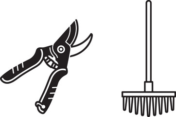 Black and White Vector Icons of Pruning Shears and Garden Rake