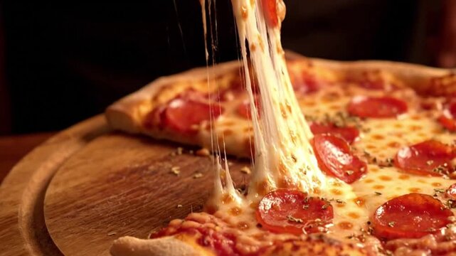 Stretchy Cheese Pizza Slice Lifted from Wooden Tray