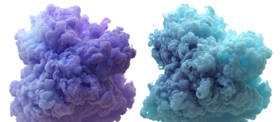 Two colorful smoke explosions purple and blue isolated on transparent background