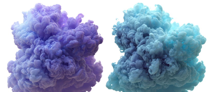 Two colorful smoke explosions purple and blue isolated on transparent background