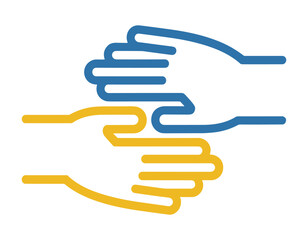 Two stylized hands, one blue and one yellow, interlocking to symbolize cooperation and teamwork