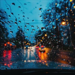 Raindrops dance on a car windshield, reflecting city lights in a tranquil evening atmosphere