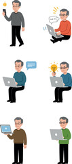 Fototapeta premium Pixel Art Old Man Using Laptop Smartphone Lightbulb Ideas and Chatting