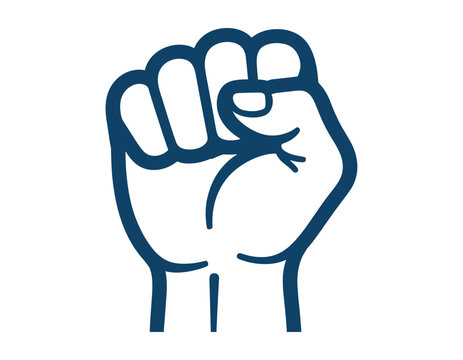A clenched fist raised in the air, representing power, strength, protest, and solidarity