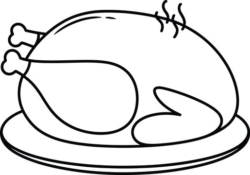Cartoon cooked turkey outline, black and white drawing, steaming hot dish, festive meal, coloring page, vector illustration, digital artwork