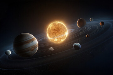 Cinematic visualization of the Solar System with Sun at the center and all eight planets illuminated by sunlight in a vast cosmic setting