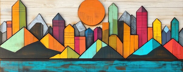 Fototapeta premium Colorful, geometric skyline with vibrant buildings and a shining orange sun