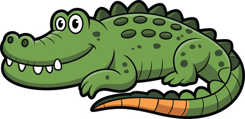 Obraz premium Cartoon crocodile character, friendly green reptile with spotted body and curled orange tail, vector illustration, isolated design, kids animal theme