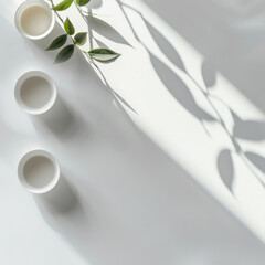 Elegant white cups and green leaves cast gentle shadows in a minimalist setting