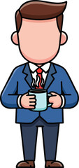 Man In Blue Suit Holding A Hot Coffee Mug With Steam Rising Wearing Red Tie And White Shirt