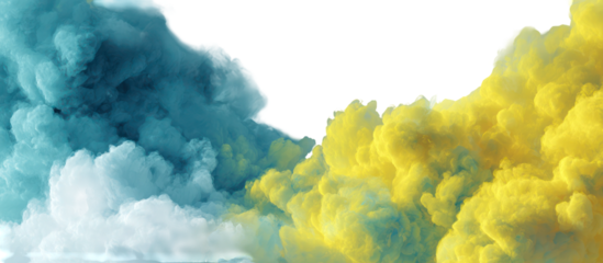 Blue and yellow smoke clouds intertwined isolated on transparent background