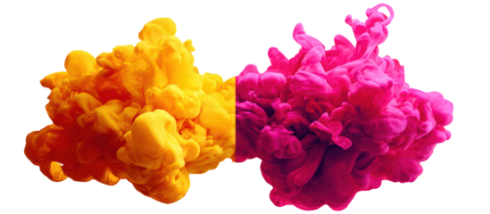 Abstract vibrant orange and pink ink clouds isolated on transparent background