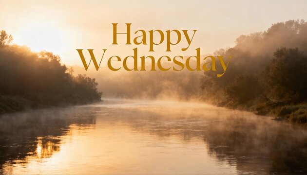Wishing you a happy Wednesday with a serene foggy river flowing through a tranquil forest during the early morning sunrise - Powered by Adobe
