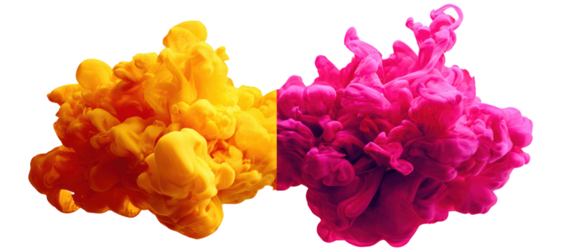 Abstract vibrant orange and pink ink clouds isolated on transparent background