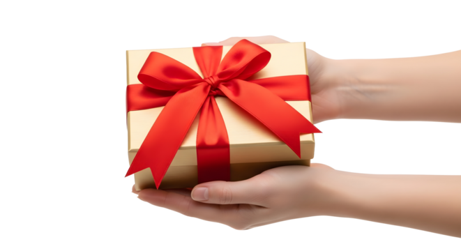 Hands holding gift box with red ribbon present celebration on transparent background