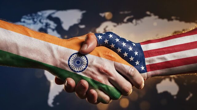 A handshake between two hands painted with the flags of India and the United States, symbolizing partnership.