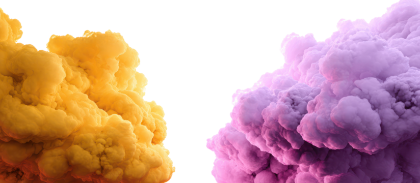 Abstract colorful smoke clouds yellow and purple isolated on transparent background
