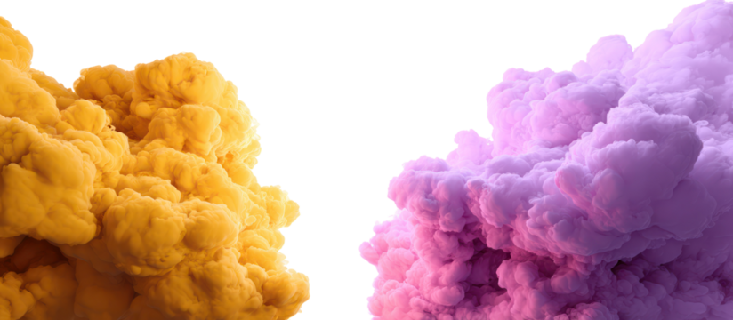 Abstract colorful smoke clouds yellow and purple isolated on transparent background