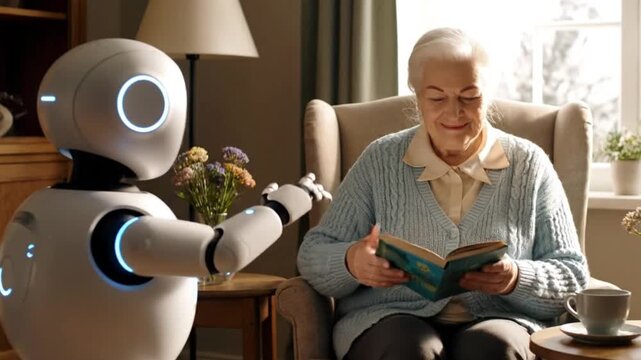 A senior woman enjoys reading a novel as a modern robotic companion stands nearby.