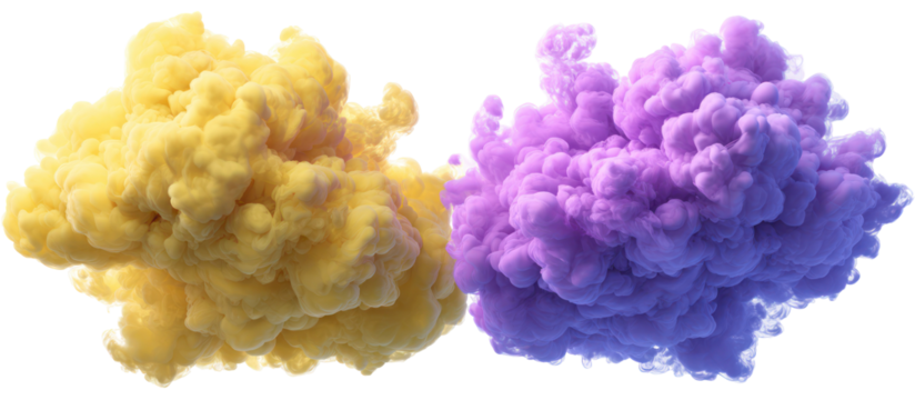 Two colorful smoke clouds yellow and purple isolated on transparent background