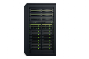 Server rack with blinking green lights hosting network data and internet technology on a transparent background