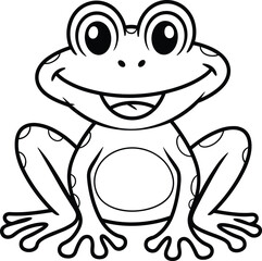 Cartoon frog outline, black and white drawing, smiling face, sitting pose, coloring page, vector illustration, digital artwork, kids theme