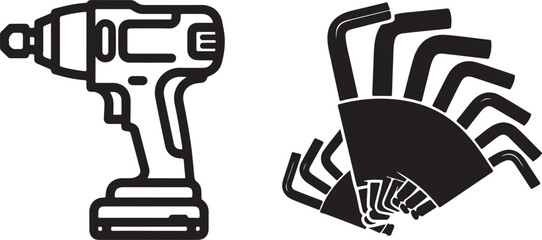 Stylized Hand Tools and Power Tool Icons in Black and White Design