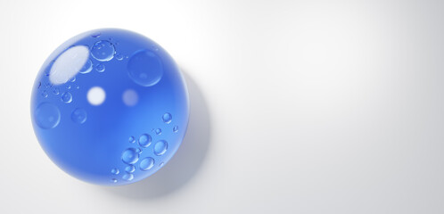白背景に青色の液体。ジェル。コピースペース。3D（横長）