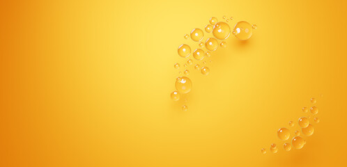 Background material featuring multiple water droplets on a yellow background.Copy space. (Horizontal)