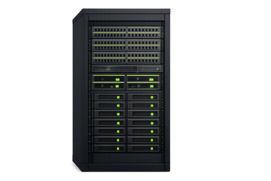 Server rack with blinking green lights hosting network data and internet technology on a transparent background