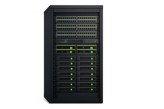 Server rack with blinking green lights hosting network data and internet technology on a transparent background