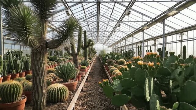 A vast greenhouse filled with a diverse collection of succulent plants, including various types of cacti and agave, basking in the natural light filtering through the glass roof