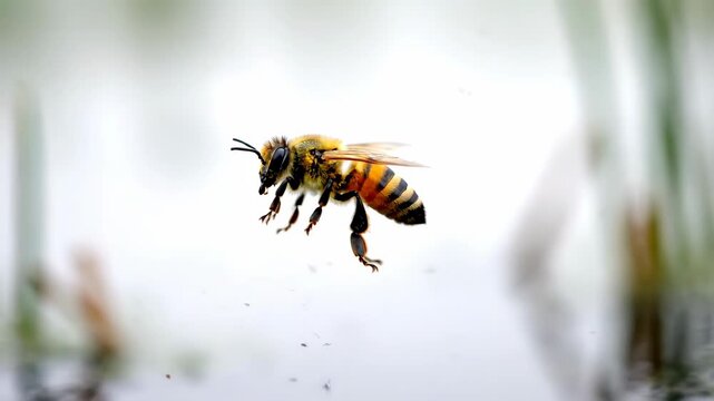 Honey Bee in Flight - Close-up of a Busy Insect Against a Bright Background.