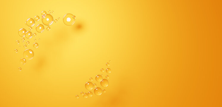 黄色背景に複数の水滴の背景素材。コピースペース。3D（横長）