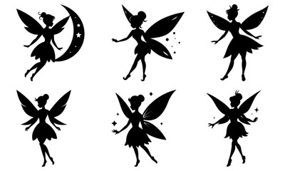 Fototapeta premium Enchanting fairy silhouette collection ideal for magical designs, fantasy art, storybooks, whimsical themes, and children's crafts. Dreamy, elegant, and charming