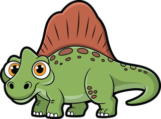 Cartoon green dinosaur with sail on back, friendly prehistoric animal, big eyes, kids illustration, cute character, playful design, fun