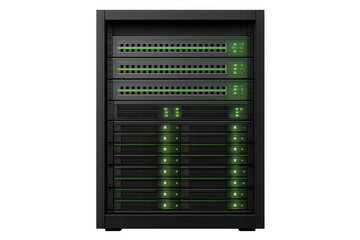 Server rack providing networking and data storage, illustrating cloud computing, hosting, and information technology with green indicator lights