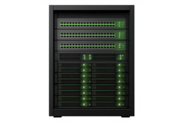 Server rack providing networking and data storage, illustrating cloud computing, hosting, and information technology with green indicator lights