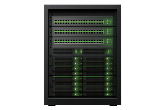 Server rack providing networking and data storage, illustrating cloud computing, hosting, and information technology with green indicator lights