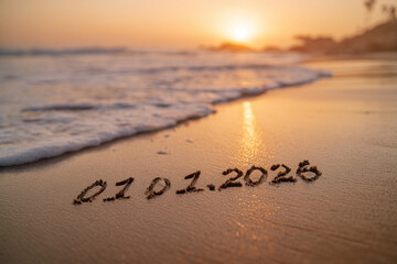 Elegant Wedding Date "01.01.2026" in Thin Sand Lines on Beach – ideal for wedding invitations  