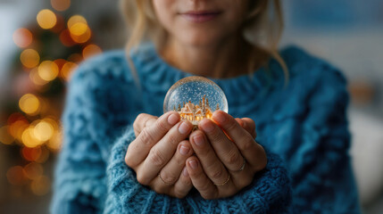 A girl gently holds a snow globe. The scene is warm and inviting, evoking a sense of wonder and peaceful contemplation