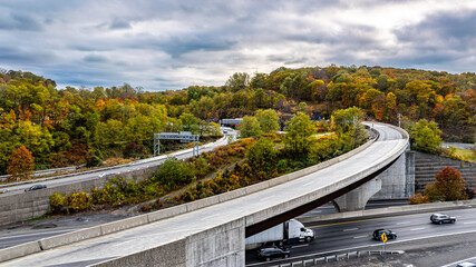 Fall afternoon aerial photo over Interstate 87, 287,  Tarrytown, NY in Westchester County.