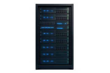 Server rack with blinking indicator lights in a data center, symbolizing cloud computing, big data, and global network connection