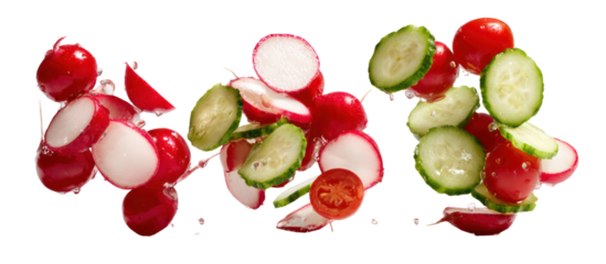 Three skewers of fresh radish and cucumber slices isolated on transparent background