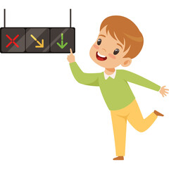 Smiling Young Boy Points to Traffic Light Showing Red Yellow and Green Arrows Indicating Stop Go and Caution in a Transparent Background Cartoon Style
