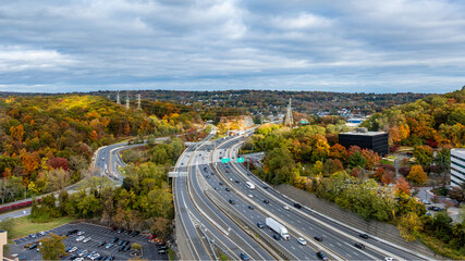 Fall afternoon aerial photo over Interstate 87, 287,  Tarrytown, NY in Westchester County.