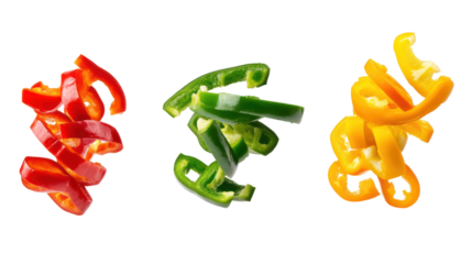 Three colorful vegetable spirals red green and yellow isolated on transparent background