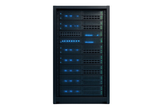 Server rack with blinking indicator lights in a data center, symbolizing cloud computing, big data, and global network connection