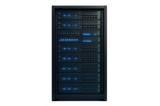 Server rack with blinking indicator lights in a data center, symbolizing cloud computing, big data, and global network connection