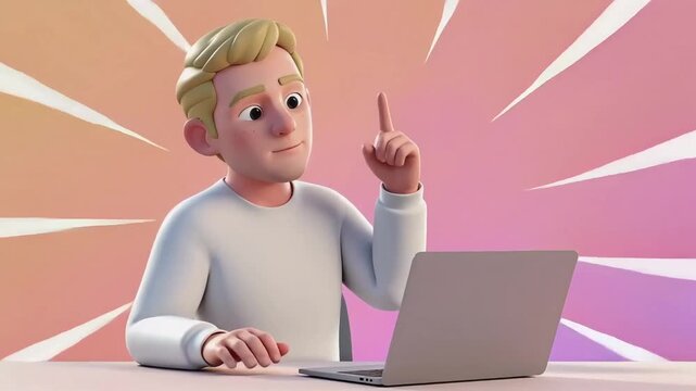 3D animated character with blonde hair in a light gray sweater, sitting at a desk with a laptop, pointing his finger upwards with an idea